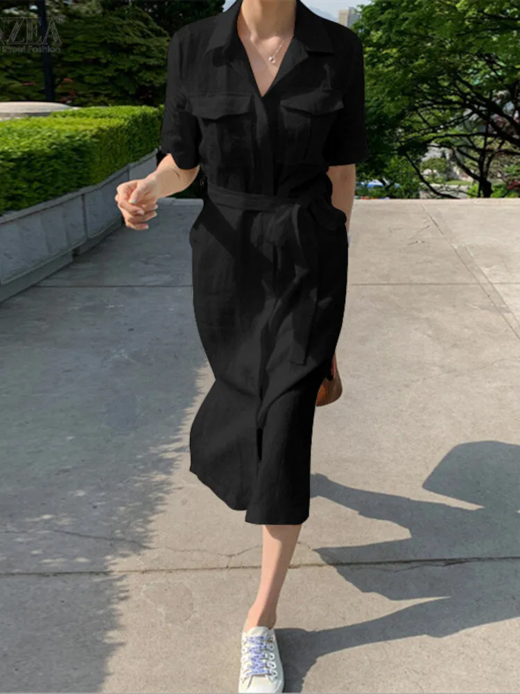 Knee Length Dress Solid Cotton Dress Pockets