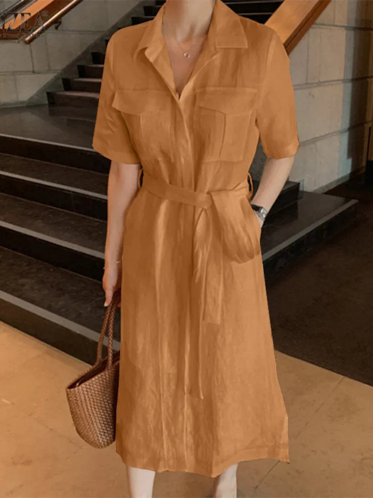 Knee Length Dress Solid Cotton Dress Pockets
