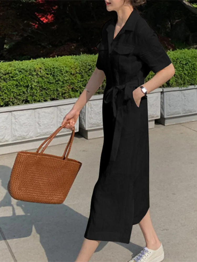 Knee Length Dress Solid Cotton Dress Pockets