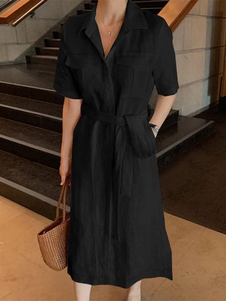 Knee Length Dress Solid Cotton Dress Pockets