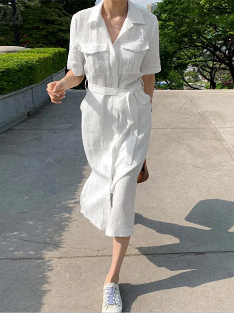 Knee Length Dress Solid Cotton Dress Pockets