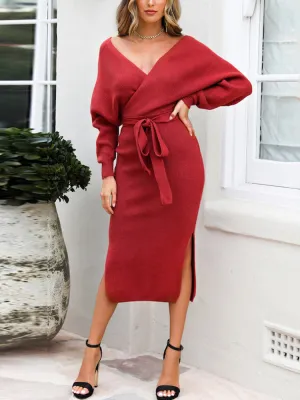 Knitted Low-cut V-neck Lace-up Back Hollow Out Long Sleeve Split Hem Women Midi Dress