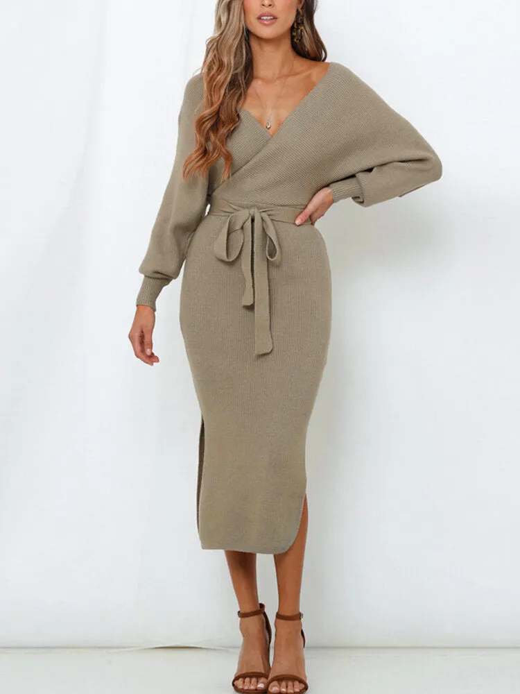 Knitted Low-cut V-neck Lace-up Back Hollow Out Long Sleeve Split Hem Women Midi Dress