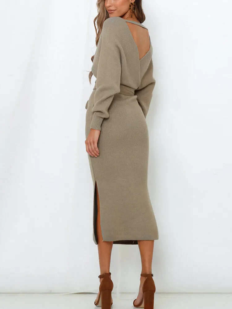 Knitted Low-cut V-neck Lace-up Back Hollow Out Long Sleeve Split Hem Women Midi Dress