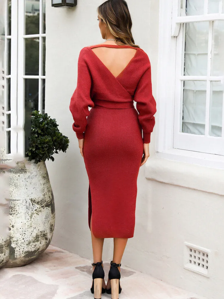 Knitted Low-cut V-neck Lace-up Back Hollow Out Long Sleeve Split Hem Women Midi Dress