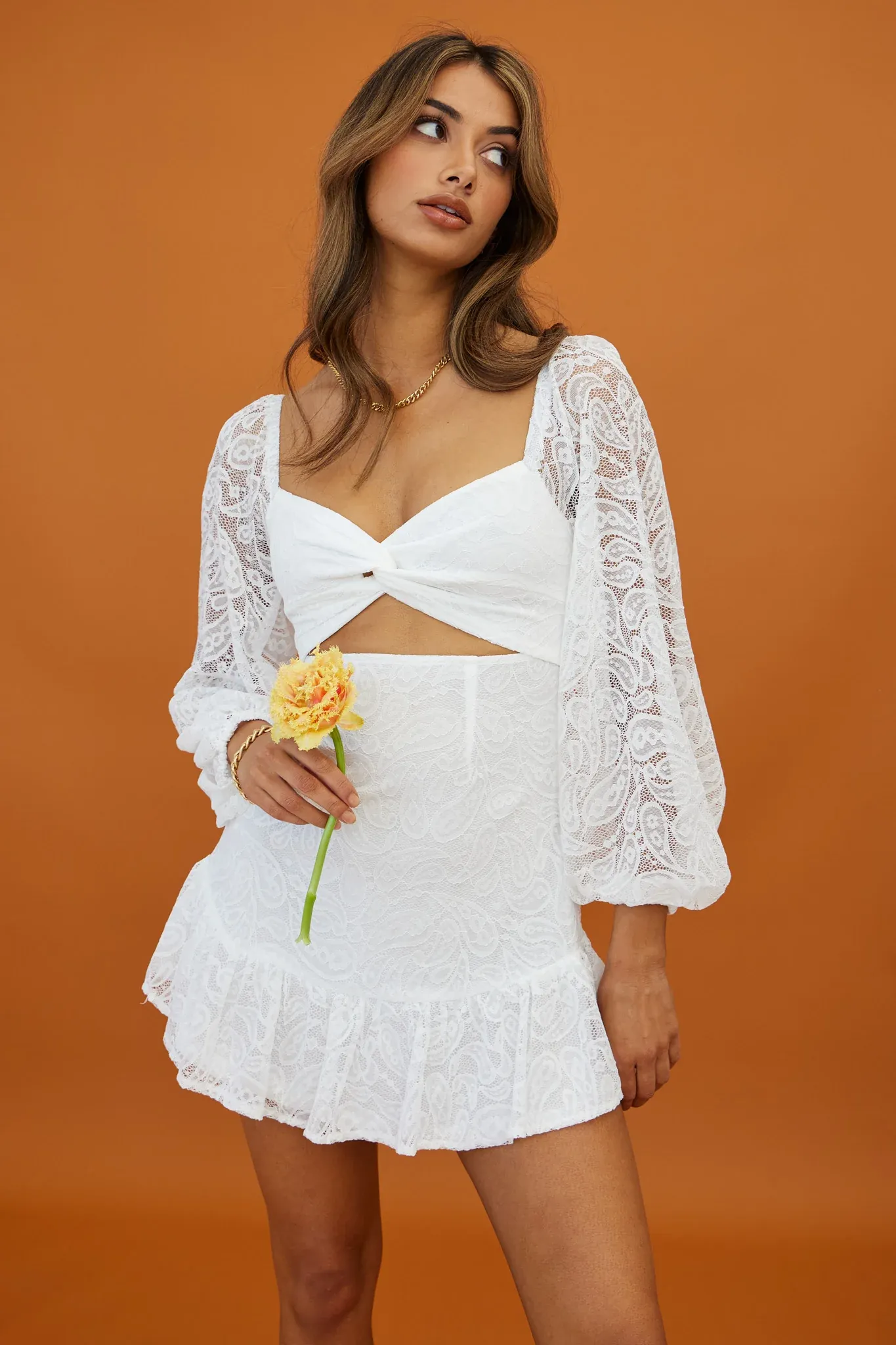 La La Land Twisted Bust & Back Paisley Lace Mini Dress White