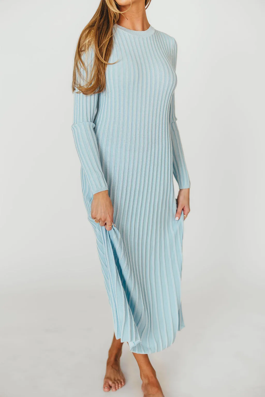 Lacey Long Sleeve Ribbed Sweater Dress in Sky Blue - Bump Friendly