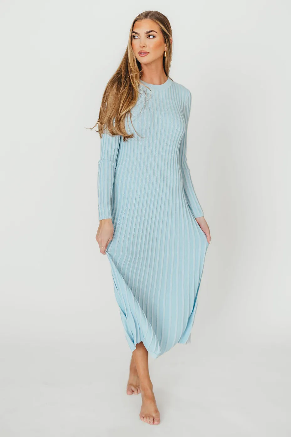 Lacey Long Sleeve Ribbed Sweater Dress in Sky Blue - Bump Friendly
