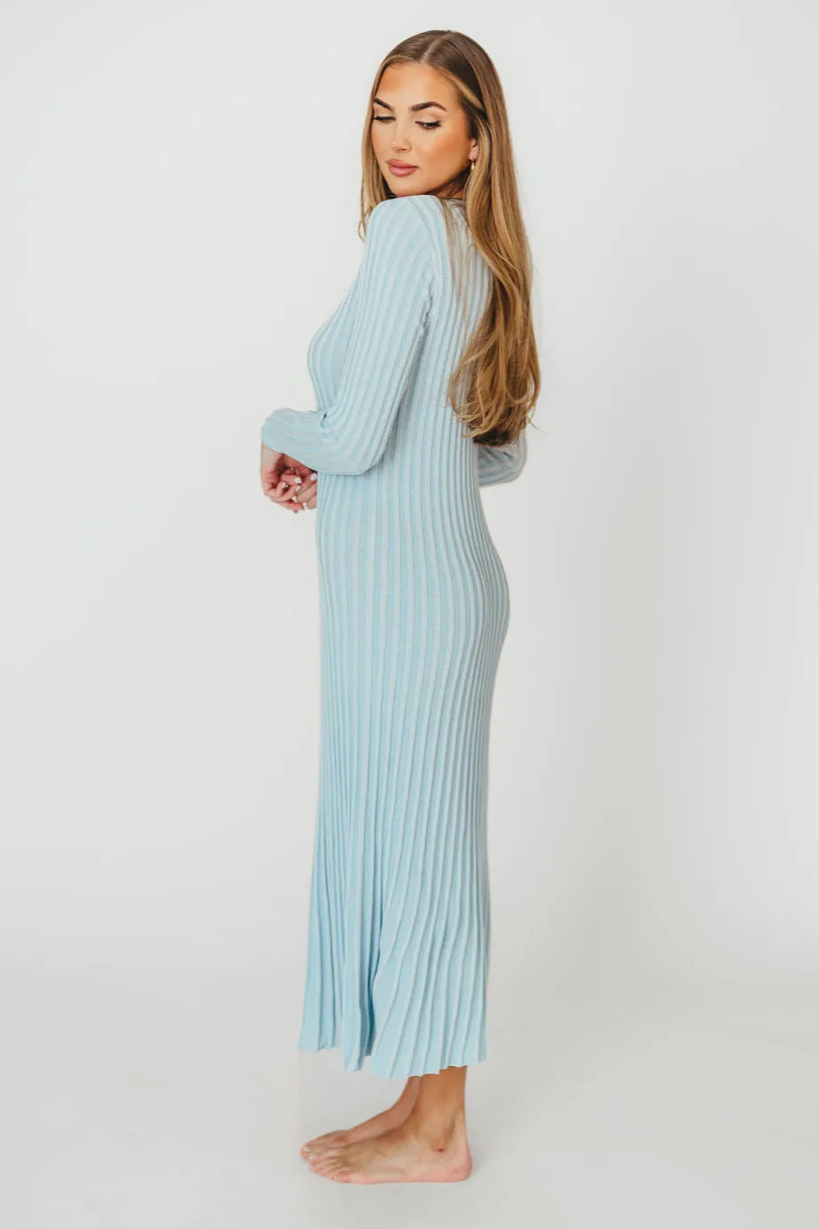 Lacey Long Sleeve Ribbed Sweater Dress in Sky Blue - Bump Friendly