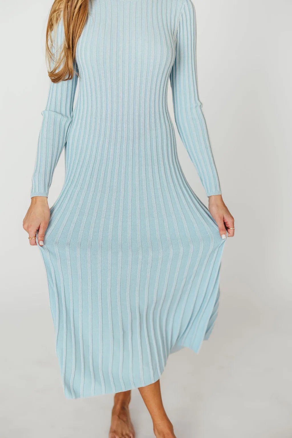 Lacey Long Sleeve Ribbed Sweater Dress in Sky Blue - Bump Friendly