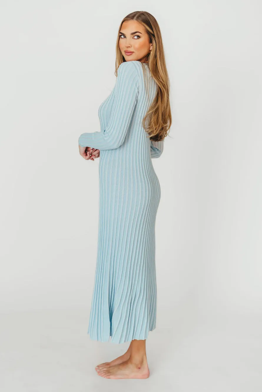 Lacey Long Sleeve Ribbed Sweater Dress in Sky Blue - Bump Friendly