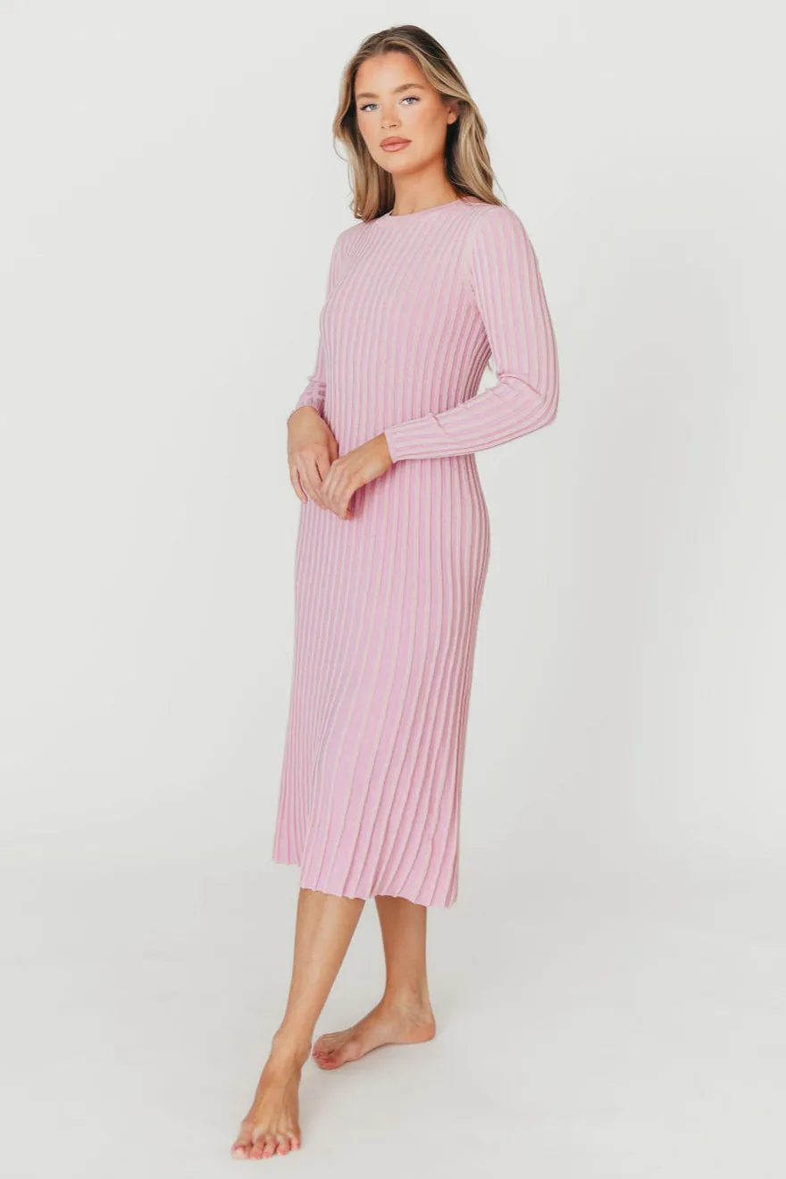 Lacey Long Sleeve Ribbed Sweater Midi Dress in Pink - Bump Friendly
