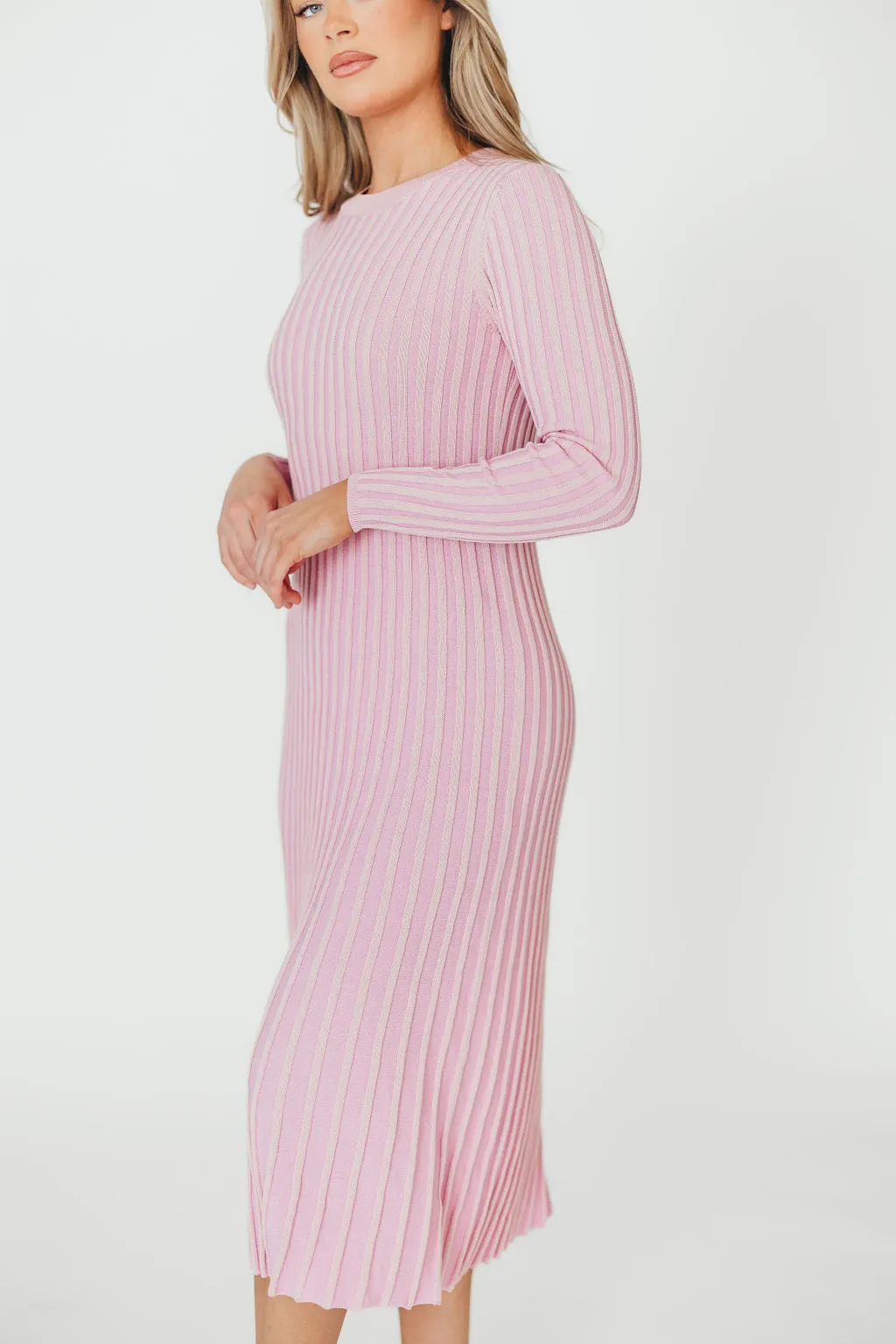 Lacey Long Sleeve Ribbed Sweater Midi Dress in Pink - Bump Friendly