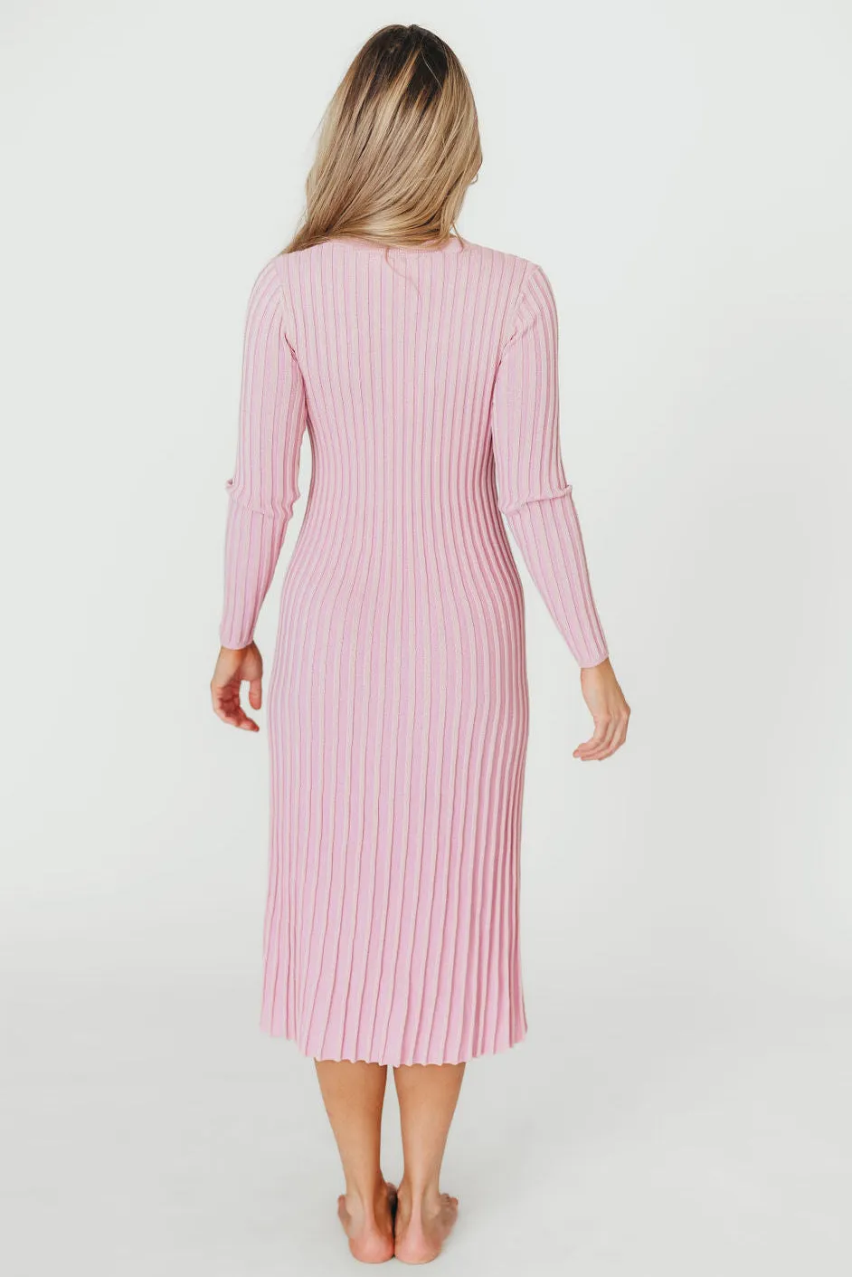 Lacey Long Sleeve Ribbed Sweater Midi Dress in Pink - Bump Friendly