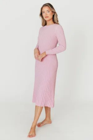 Lacey Long Sleeve Ribbed Sweater Midi Dress in Pink - Bump Friendly