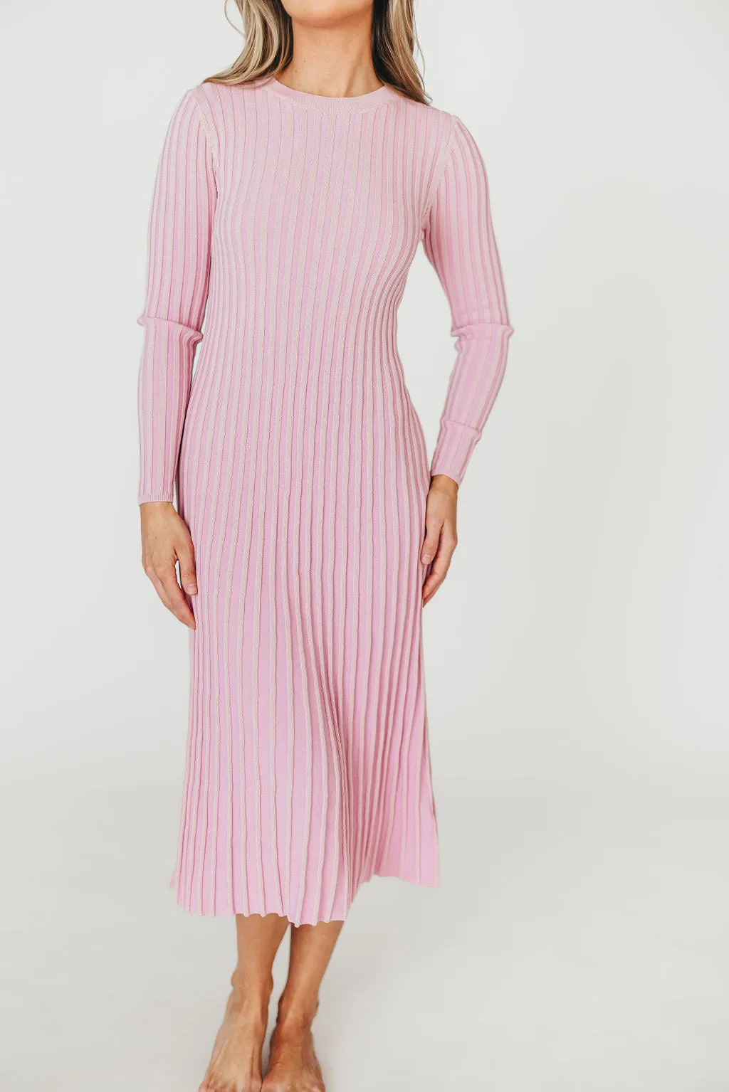 Lacey Long Sleeve Ribbed Sweater Midi Dress in Pink - Bump Friendly