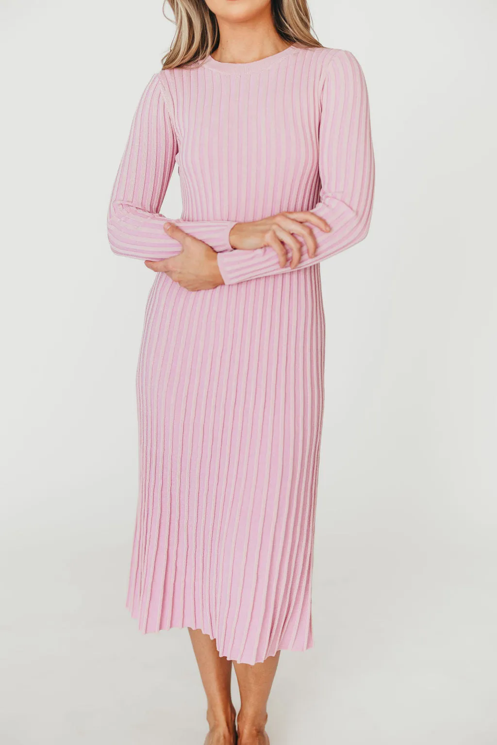 Lacey Long Sleeve Ribbed Sweater Midi Dress in Pink - Bump Friendly