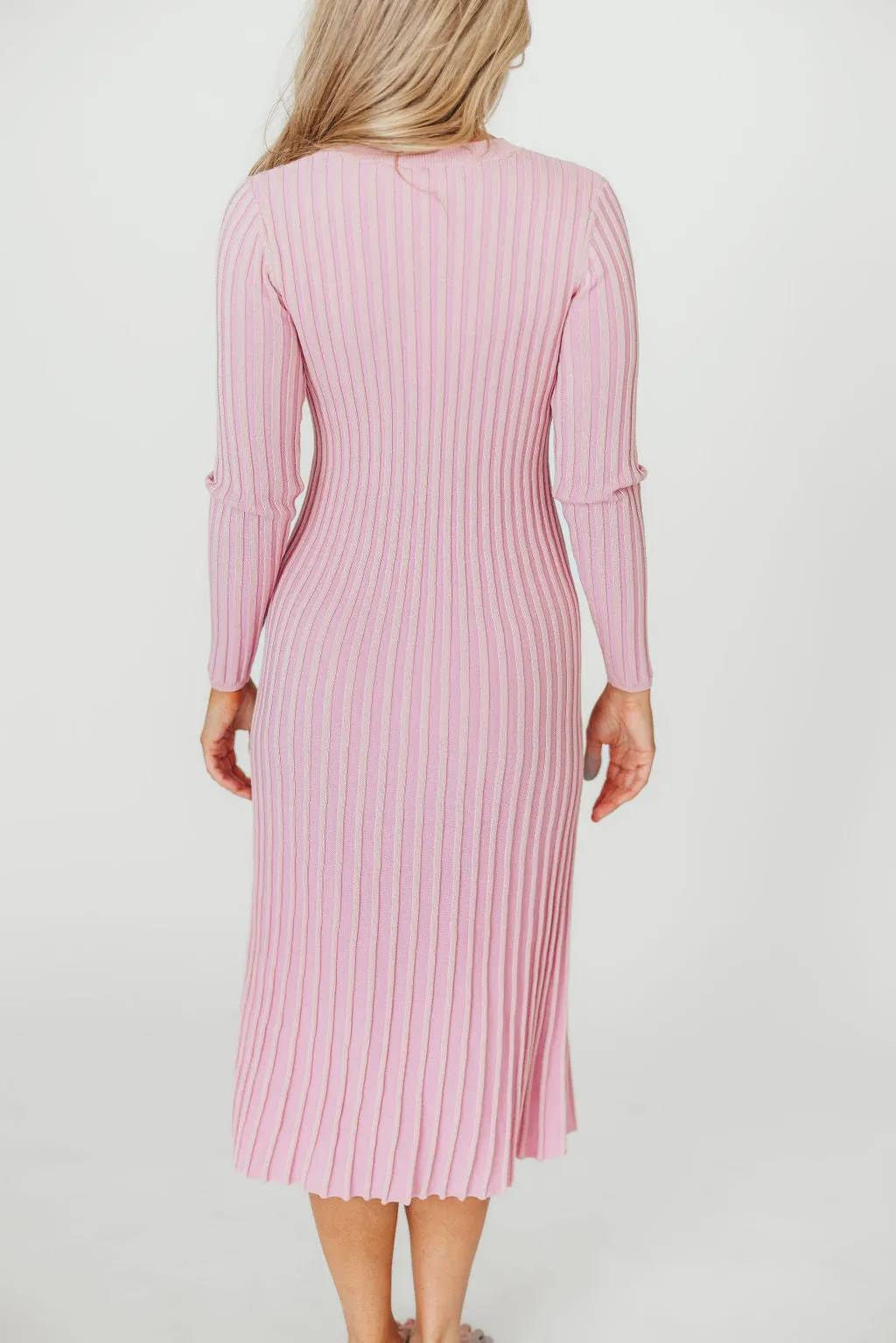 Lacey Long Sleeve Ribbed Sweater Midi Dress in Pink - Bump Friendly