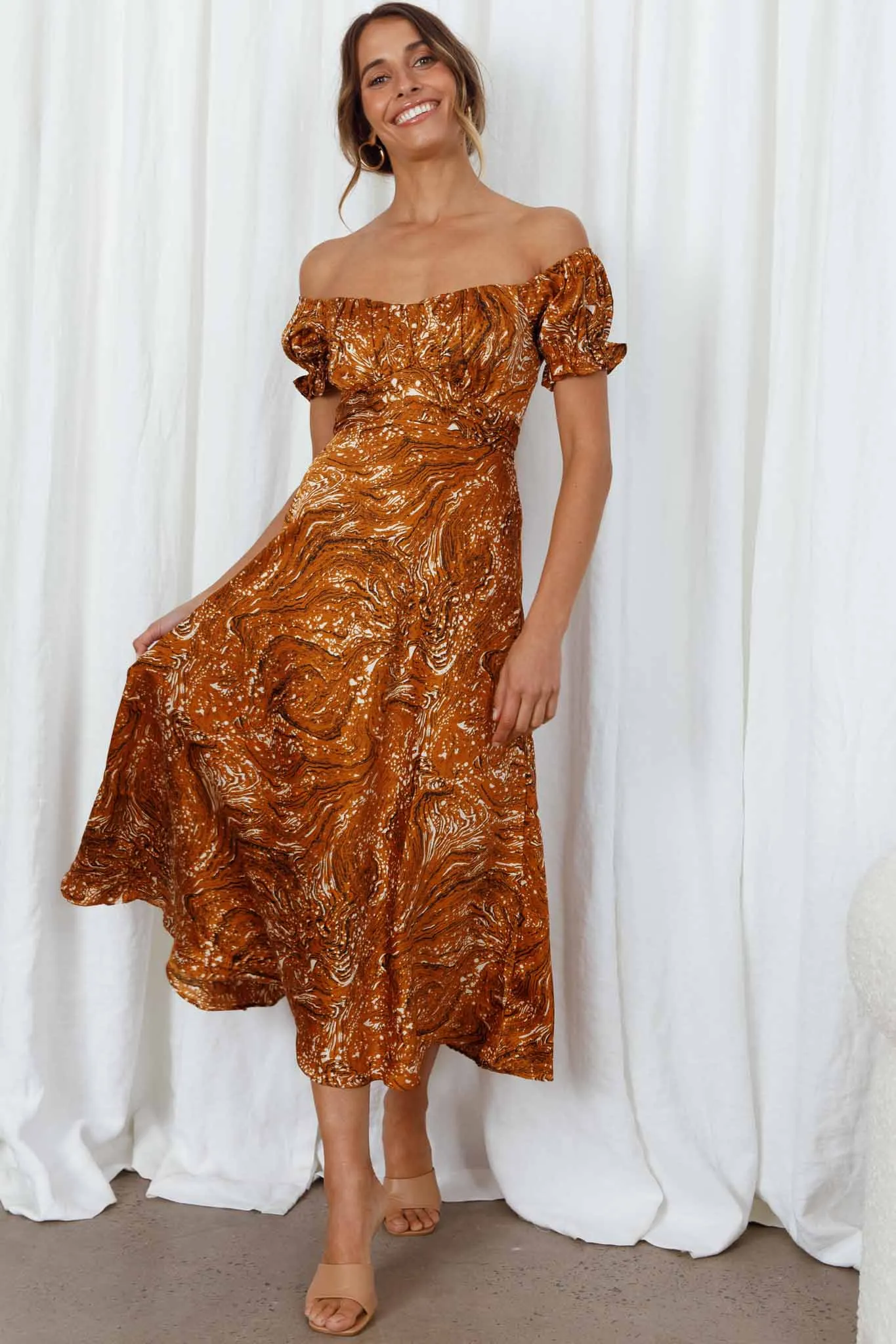 Linka Off-Shoulder Tie Back Midi Dress Marbled Print Mustard