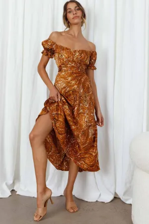 Linka Off-Shoulder Tie Back Midi Dress Marbled Print Mustard