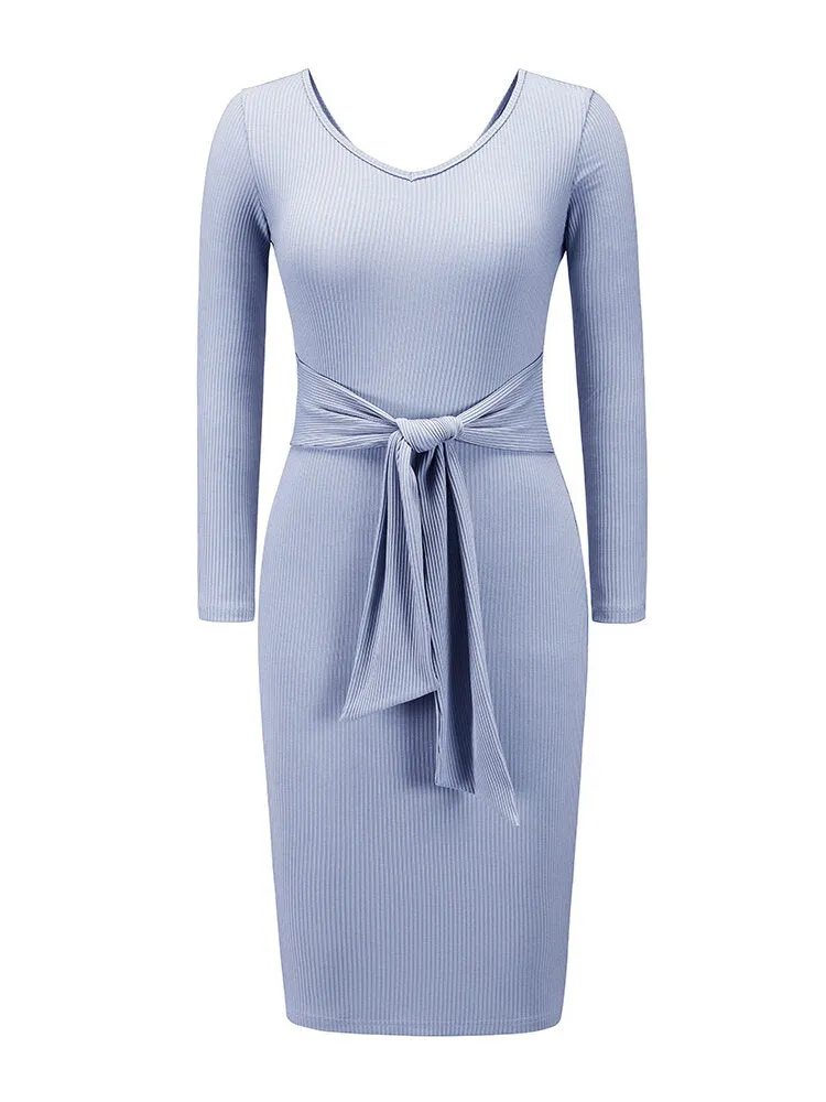Long Sleeve Belted Knit Bodycon Pure Color Women Midi Dress