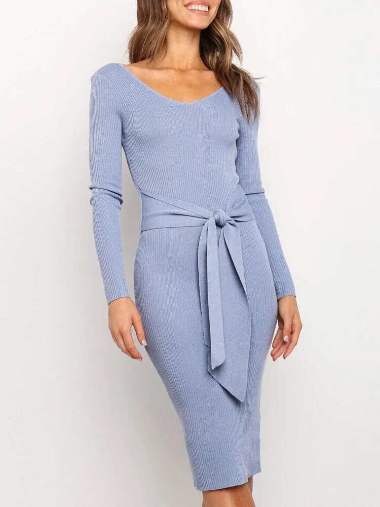 Long Sleeve Belted Knit Bodycon Pure Color Women Midi Dress