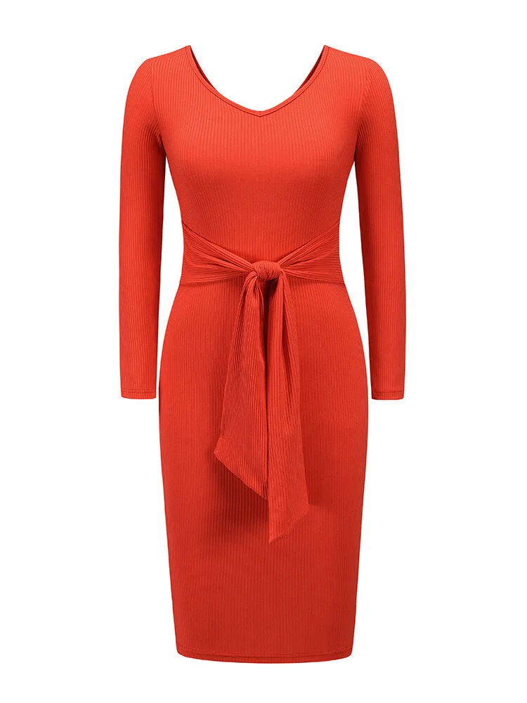 Long Sleeve Belted Knit Bodycon Pure Color Women Midi Dress
