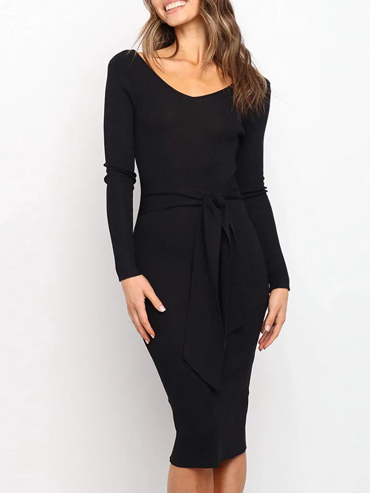Long Sleeve Belted Knit Bodycon Pure Color Women Midi Dress