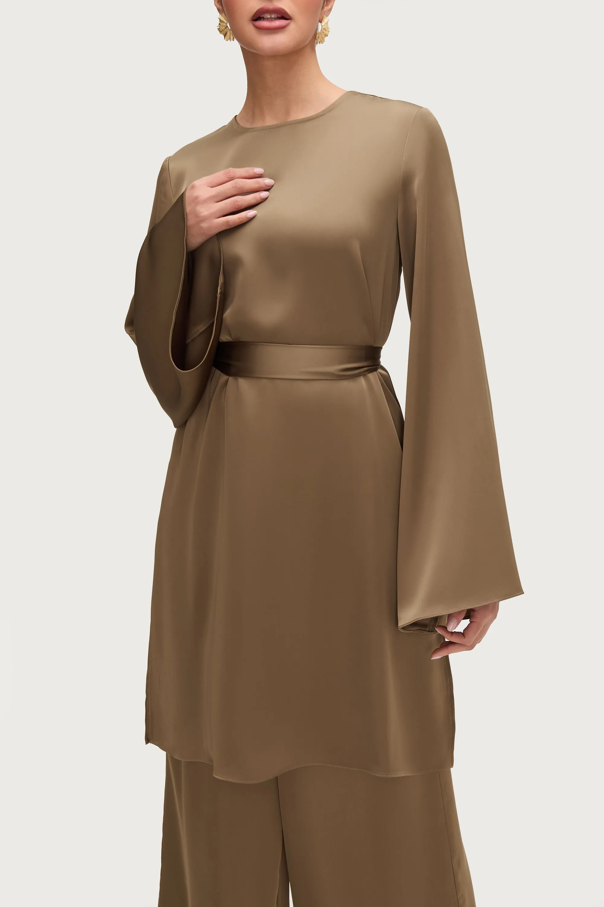 Longline Side Slit Satin Tunic - Desert Palm