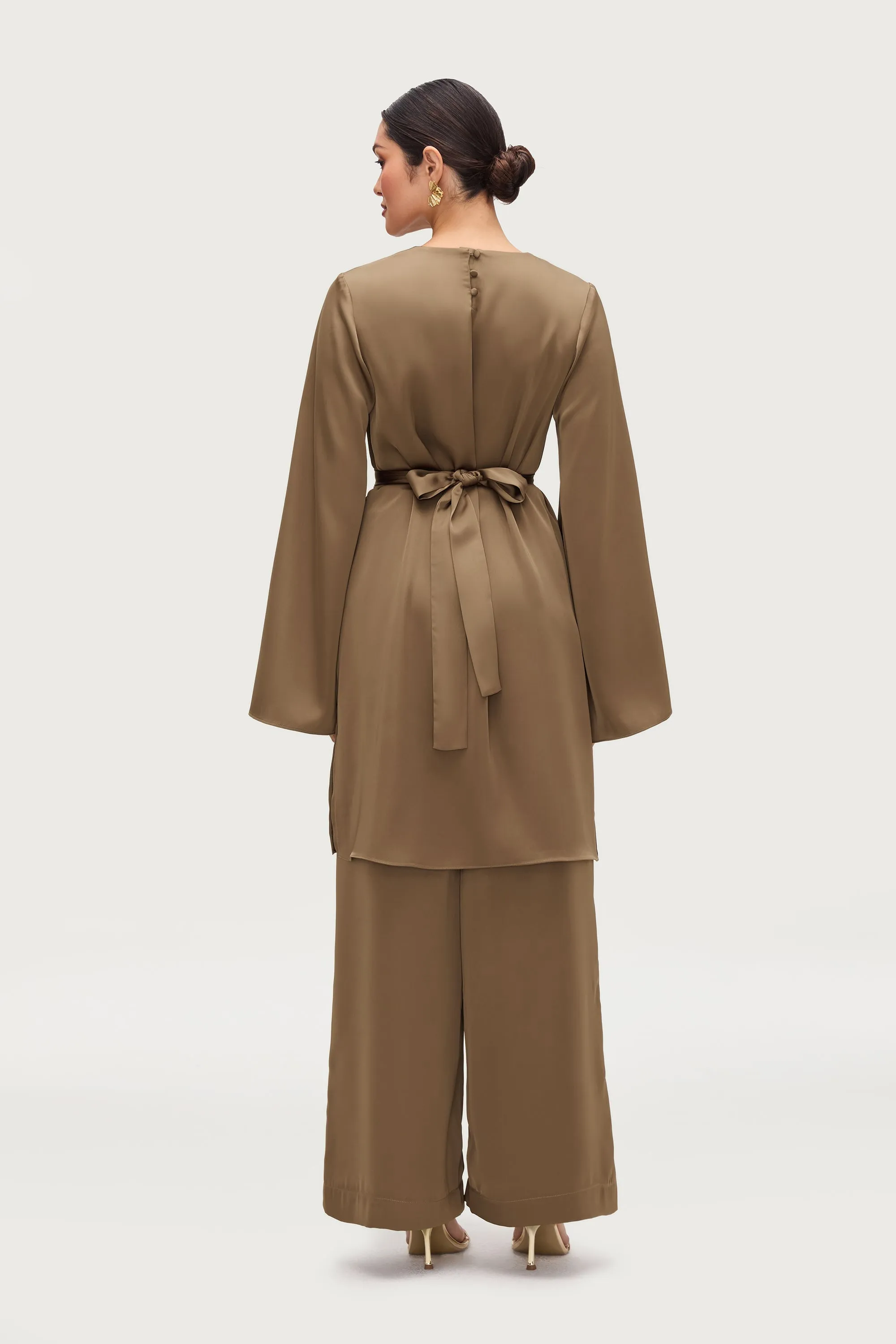 Longline Side Slit Satin Tunic - Desert Palm