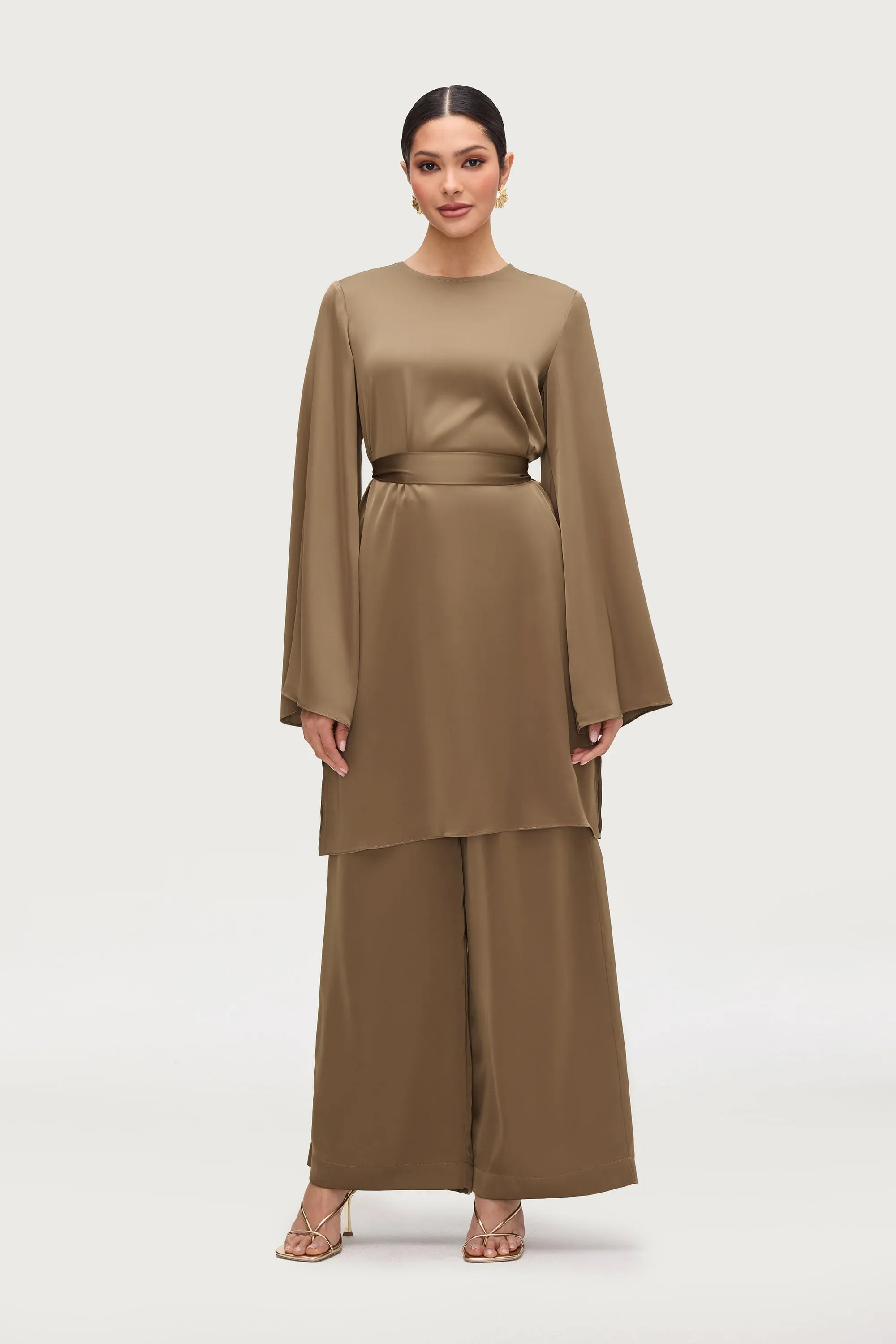 Longline Side Slit Satin Tunic - Desert Palm