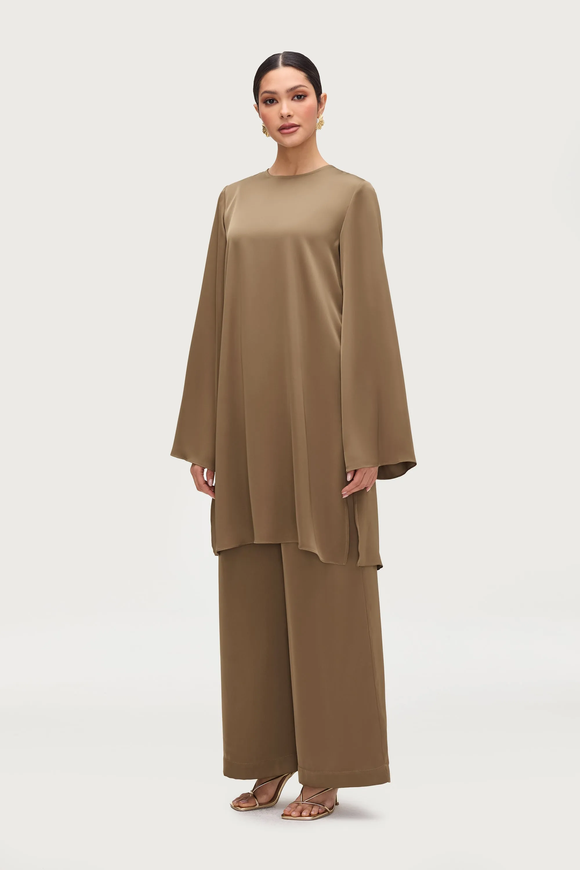 Longline Side Slit Satin Tunic - Desert Palm