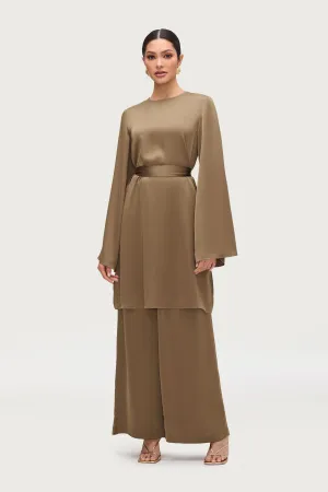 Longline Side Slit Satin Tunic - Desert Palm