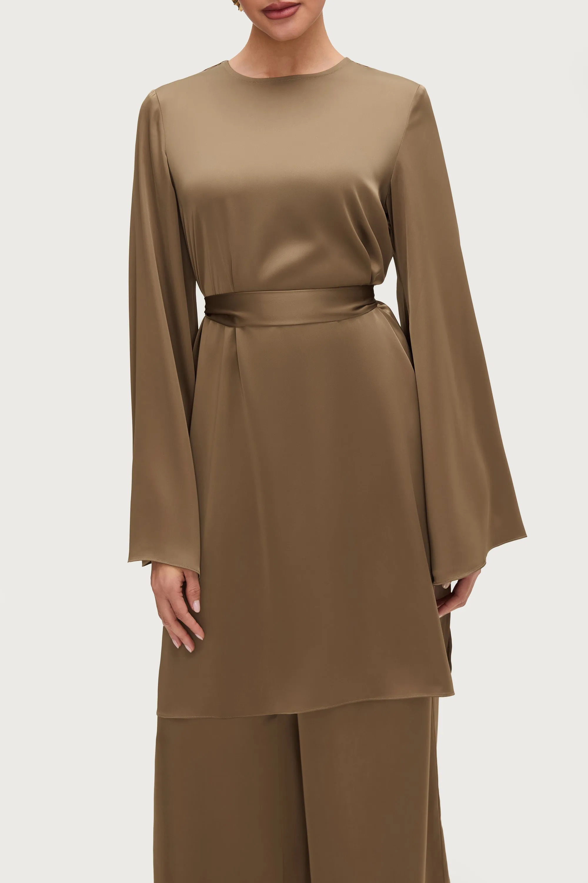 Longline Side Slit Satin Tunic - Desert Palm