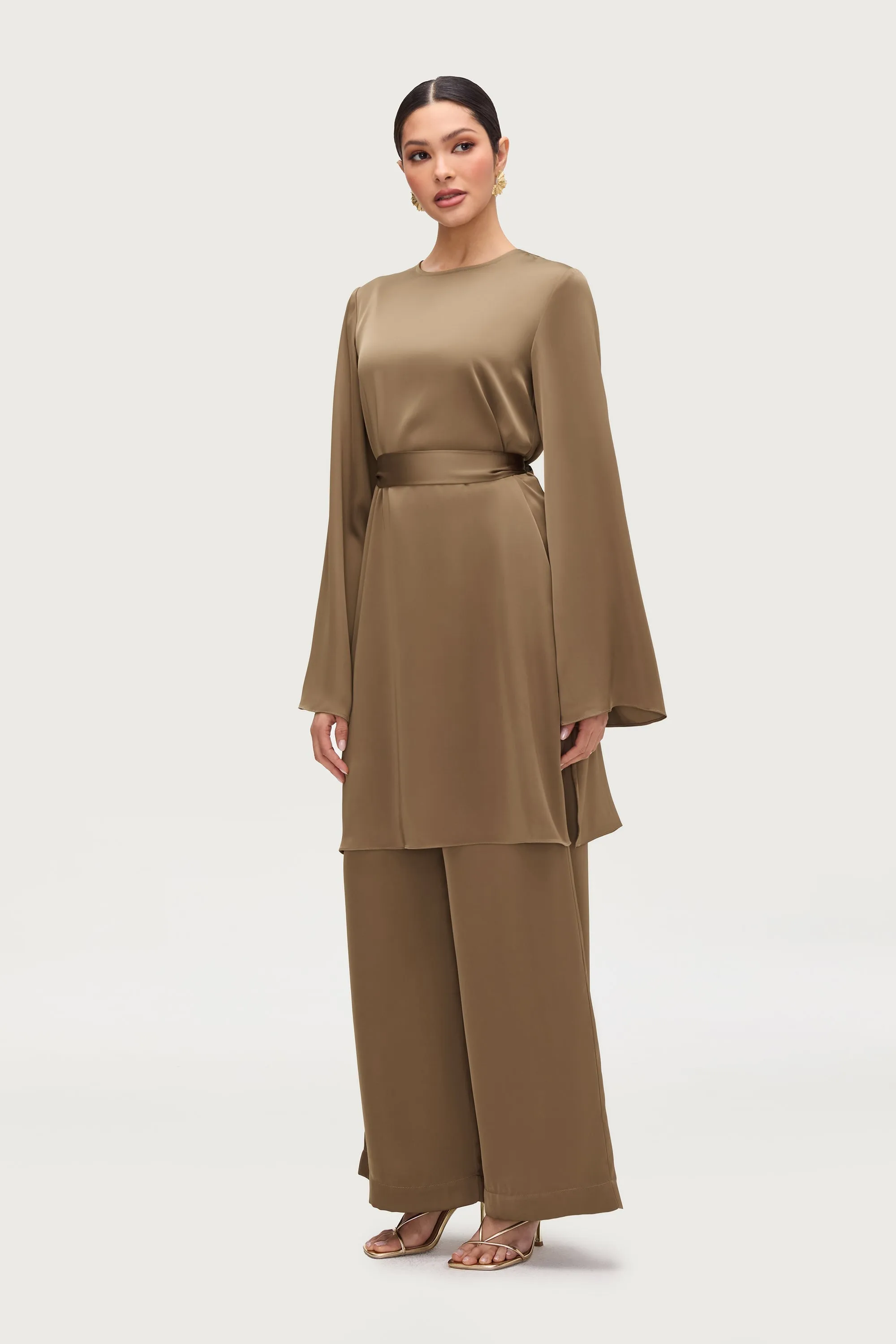 Longline Side Slit Satin Tunic - Desert Palm