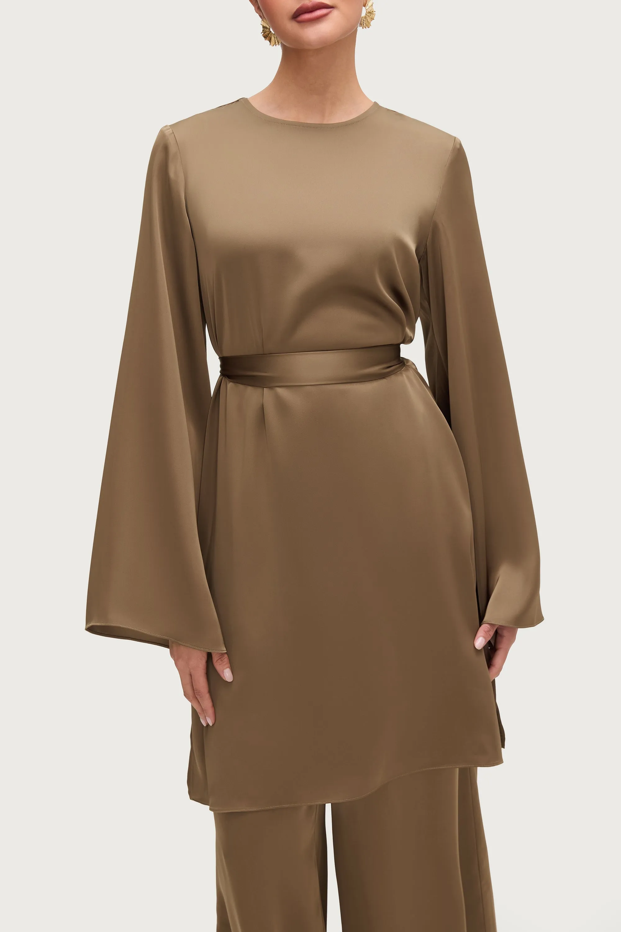 Longline Side Slit Satin Tunic - Desert Palm