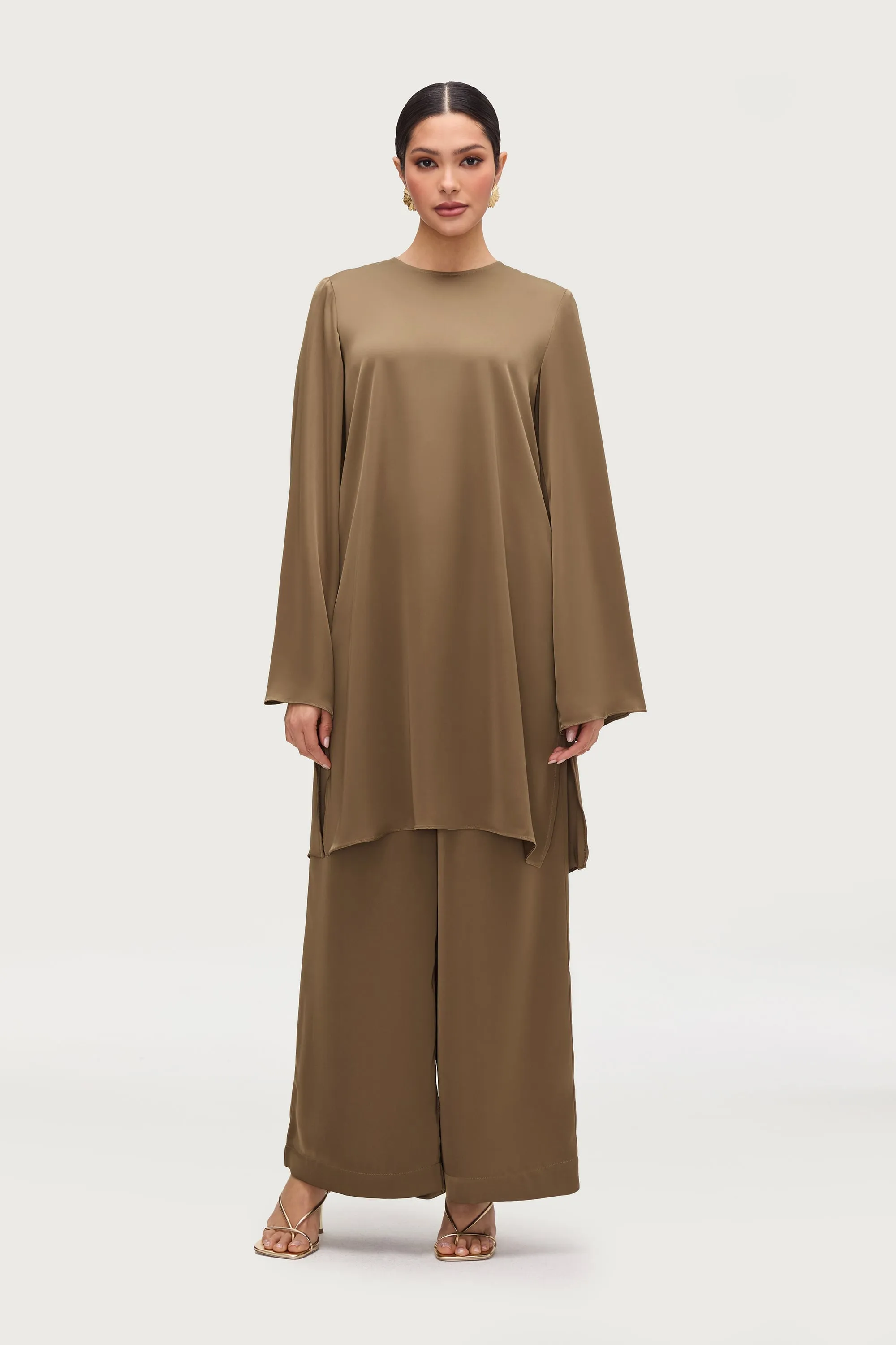 Longline Side Slit Satin Tunic - Desert Palm