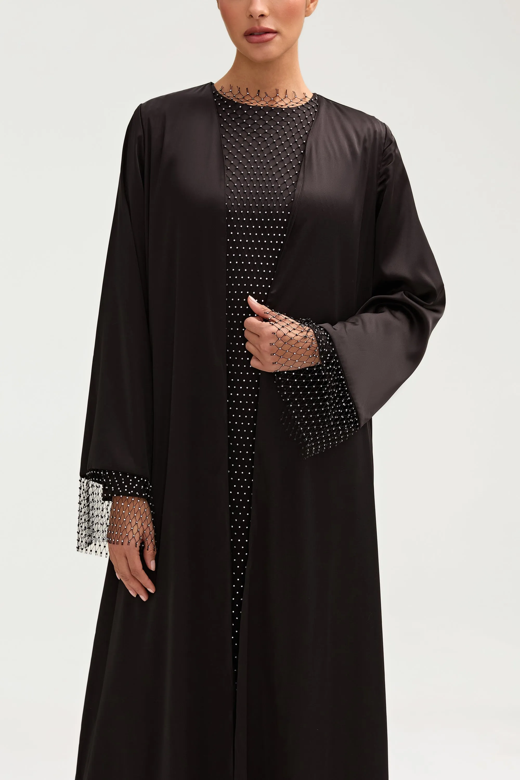 Lyana Crystal Satin Abaya - Black