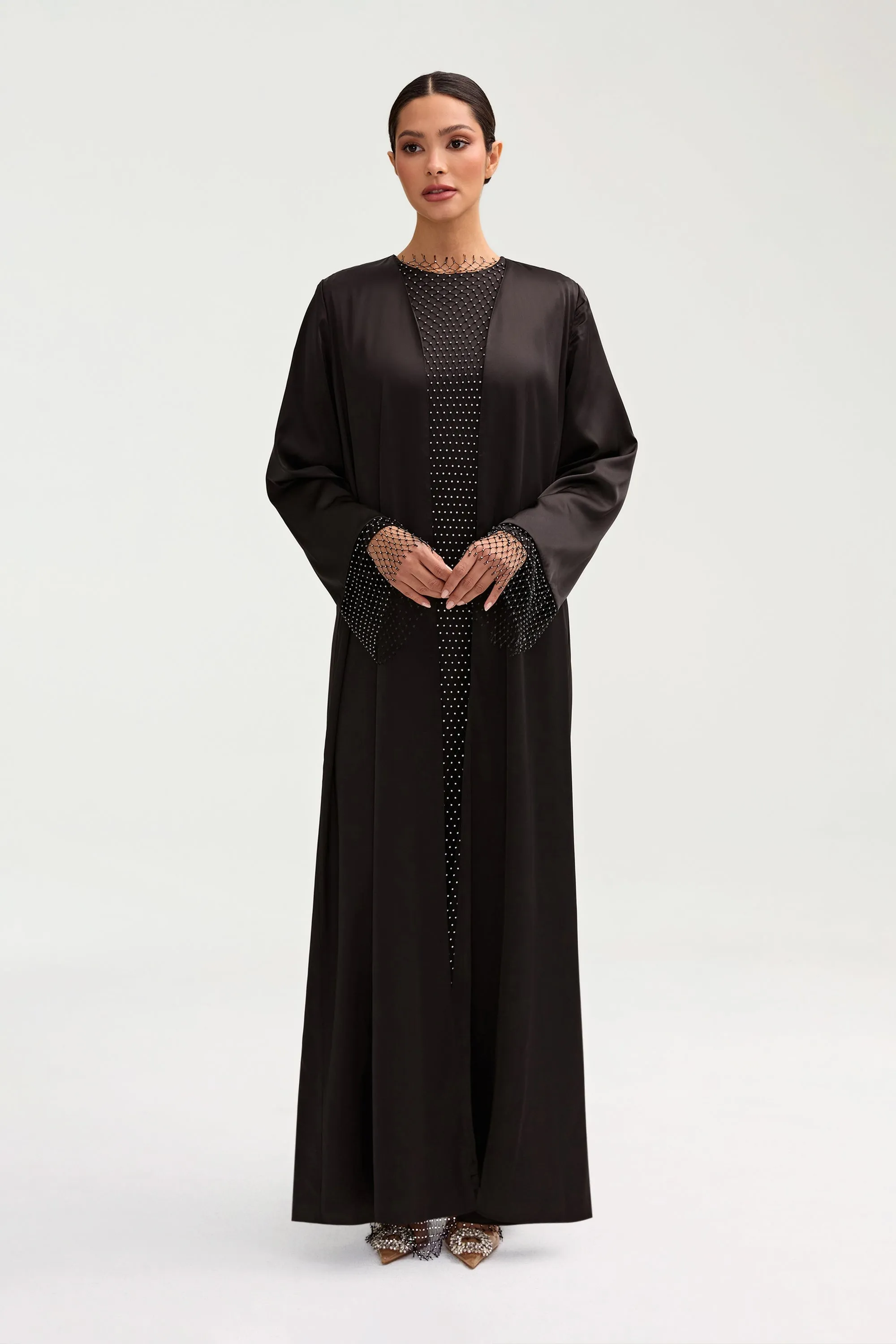 Lyana Crystal Satin Abaya - Black