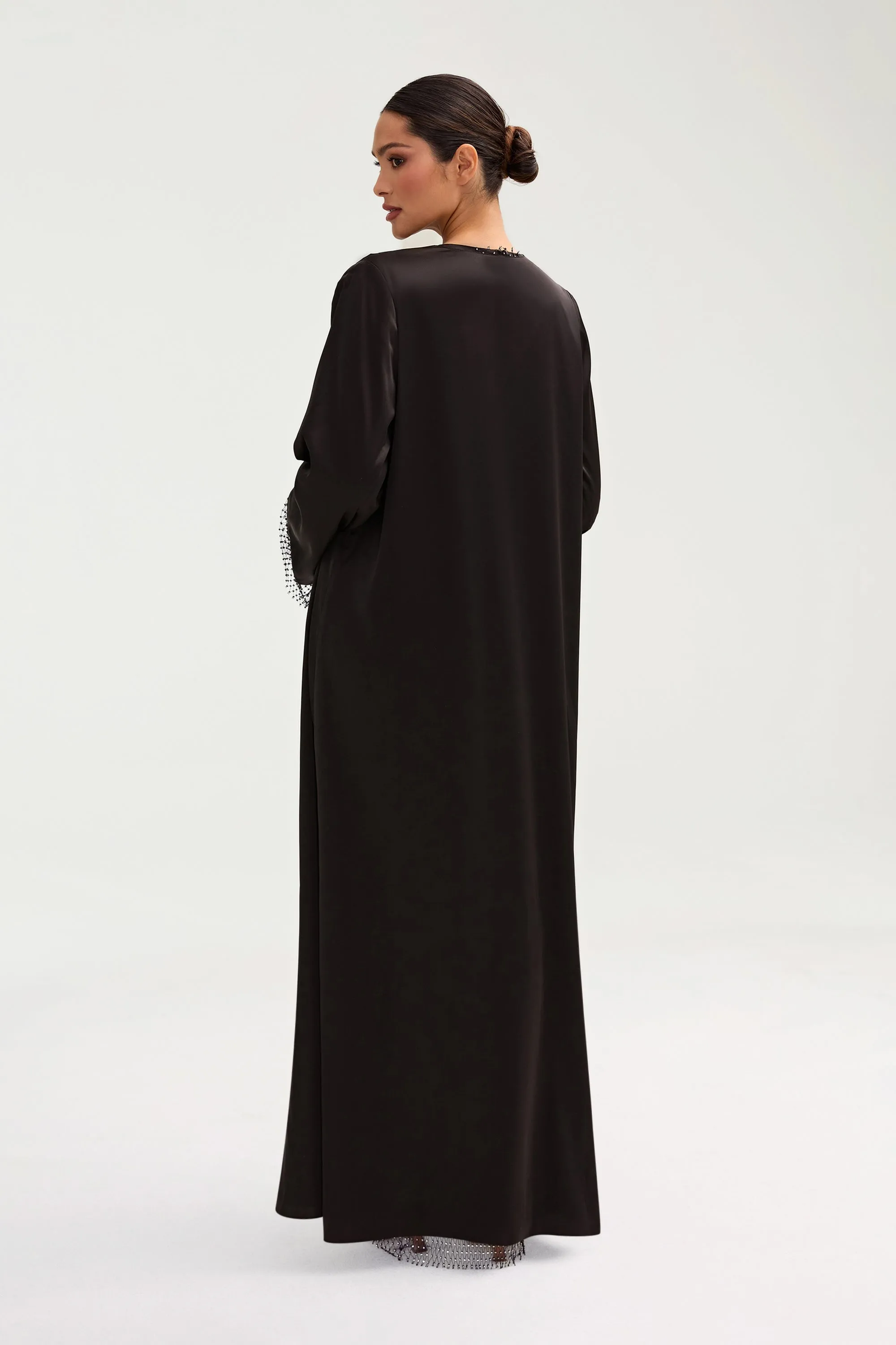 Lyana Crystal Satin Abaya - Black