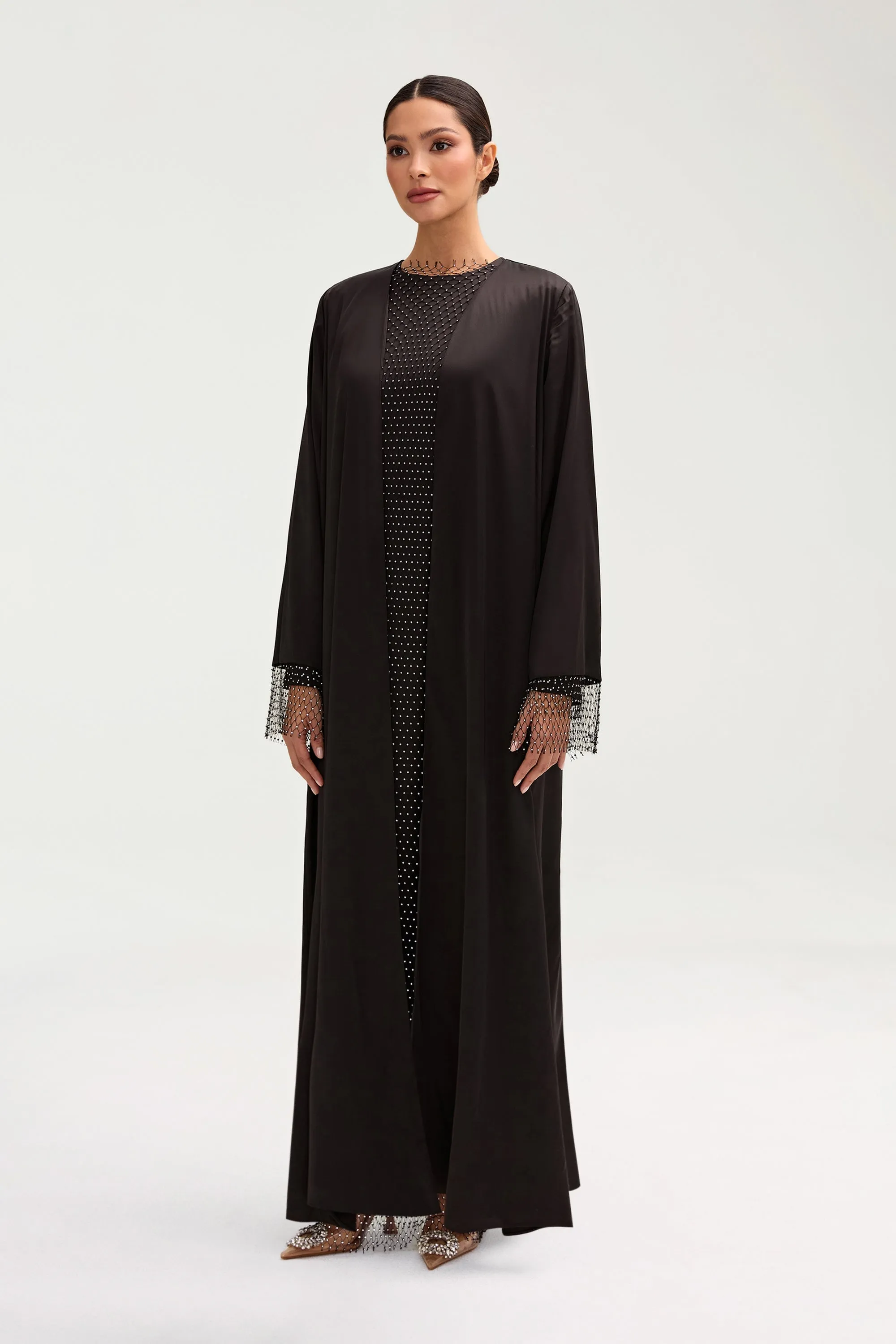 Lyana Crystal Satin Abaya - Black