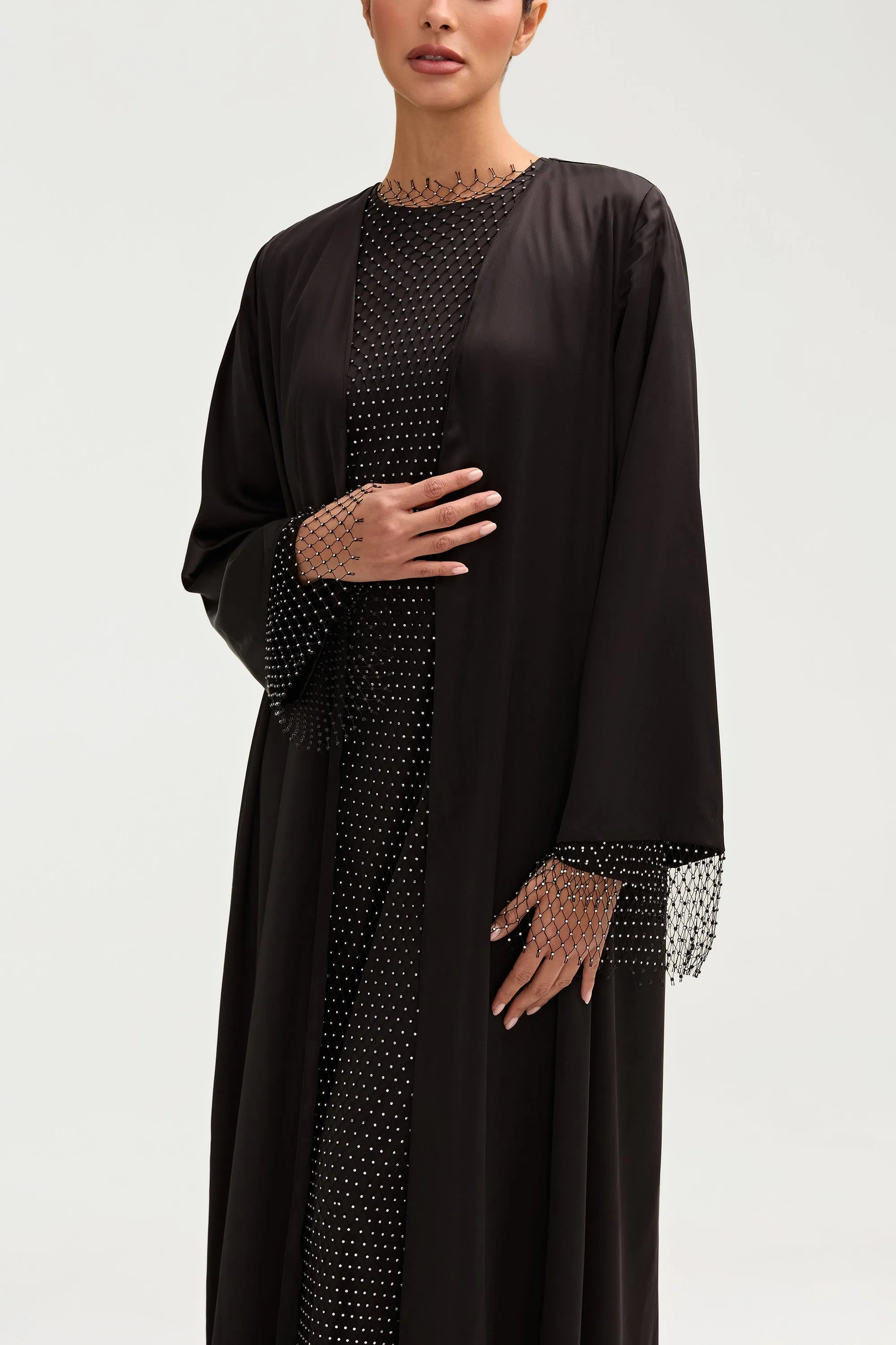 Lyana Crystal Satin Abaya - Black