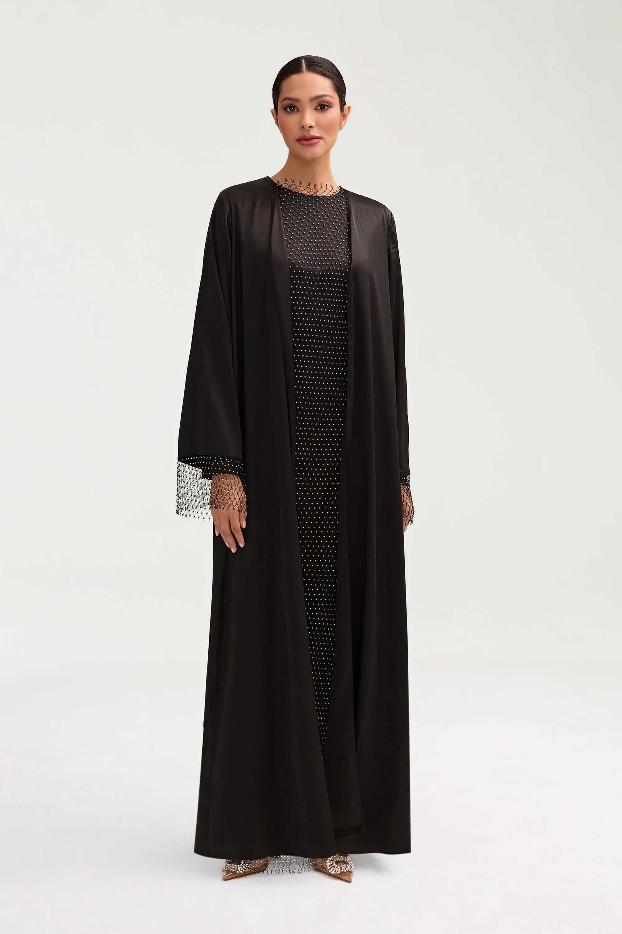 Lyana Crystal Satin Abaya - Black