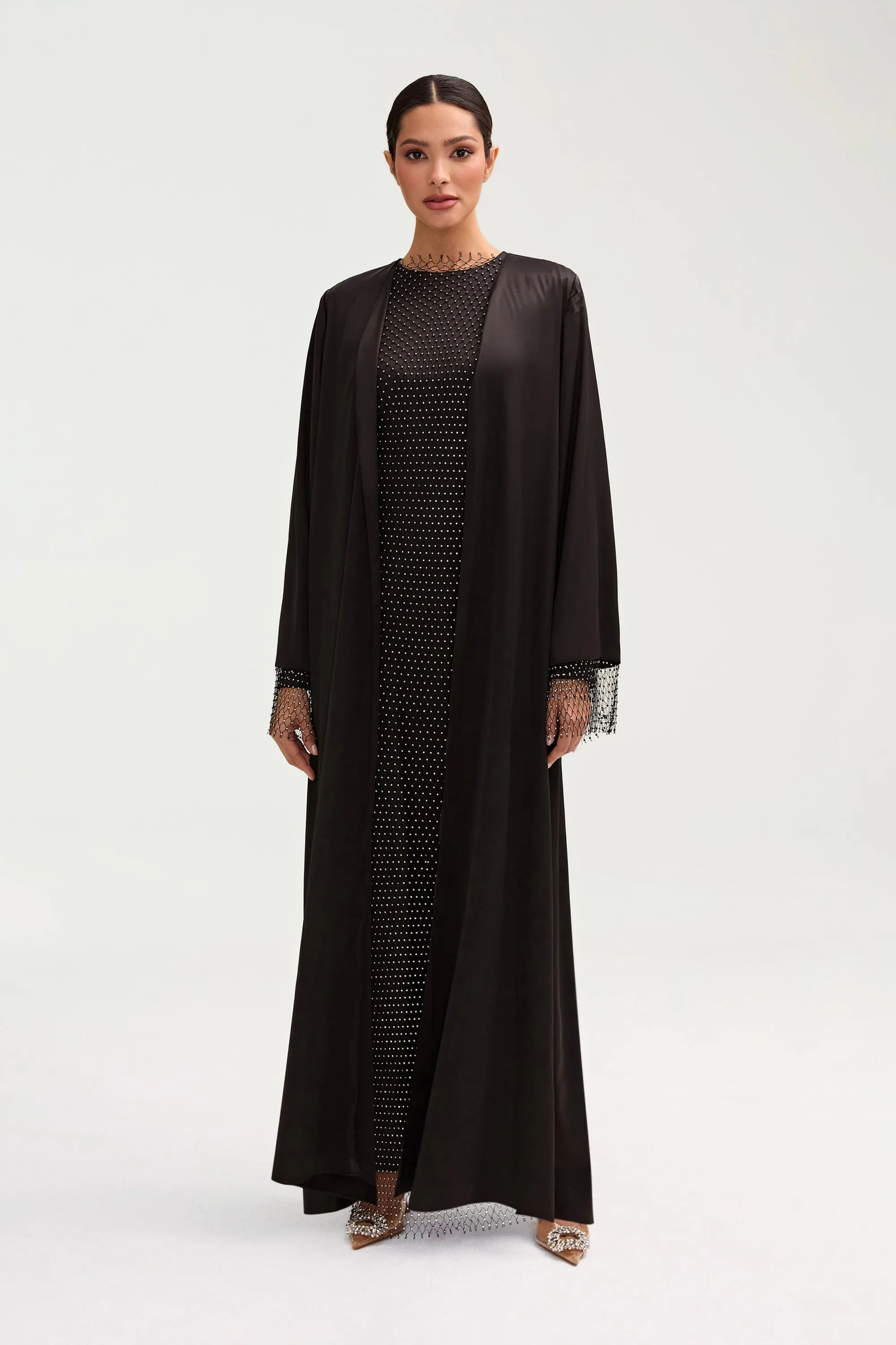 Lyana Crystal Satin Abaya - Black