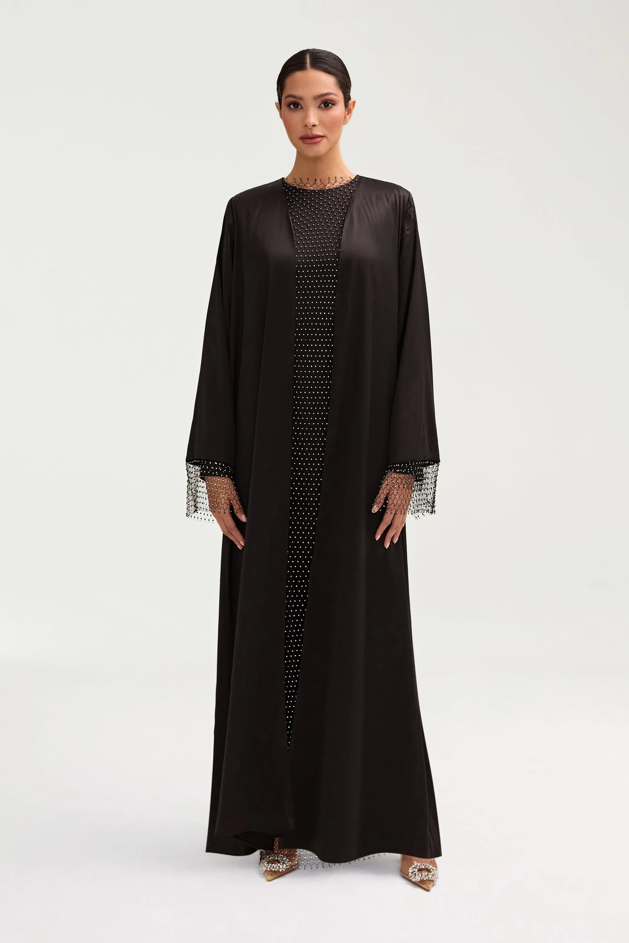 Lyana Crystal Satin Abaya - Black