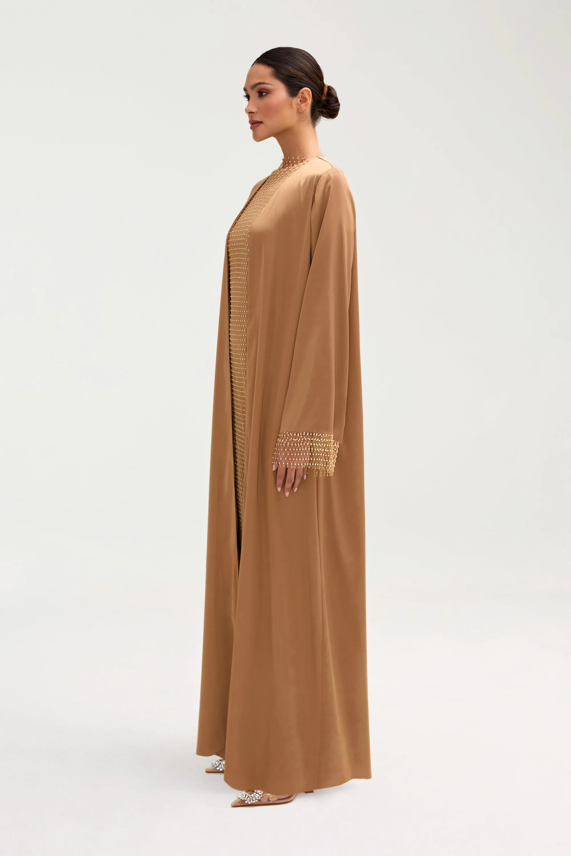 Lyana Crystal Satin Abaya - Champagne