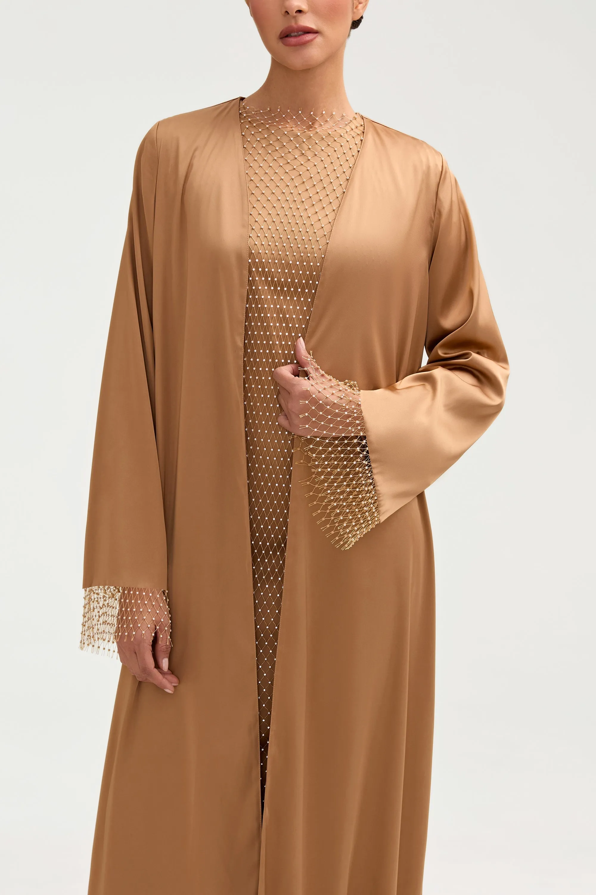 Lyana Crystal Satin Abaya - Champagne