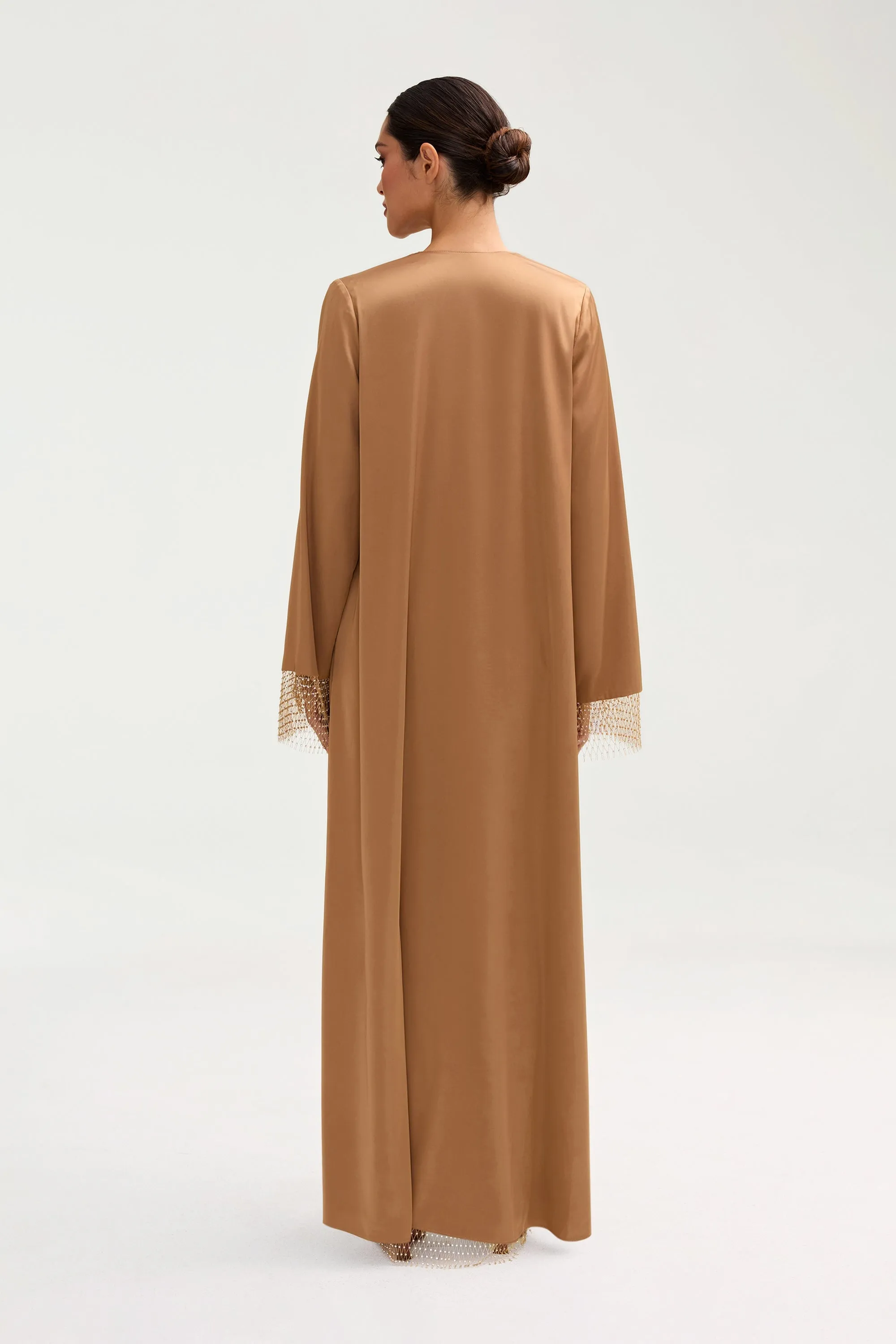 Lyana Crystal Satin Abaya - Champagne