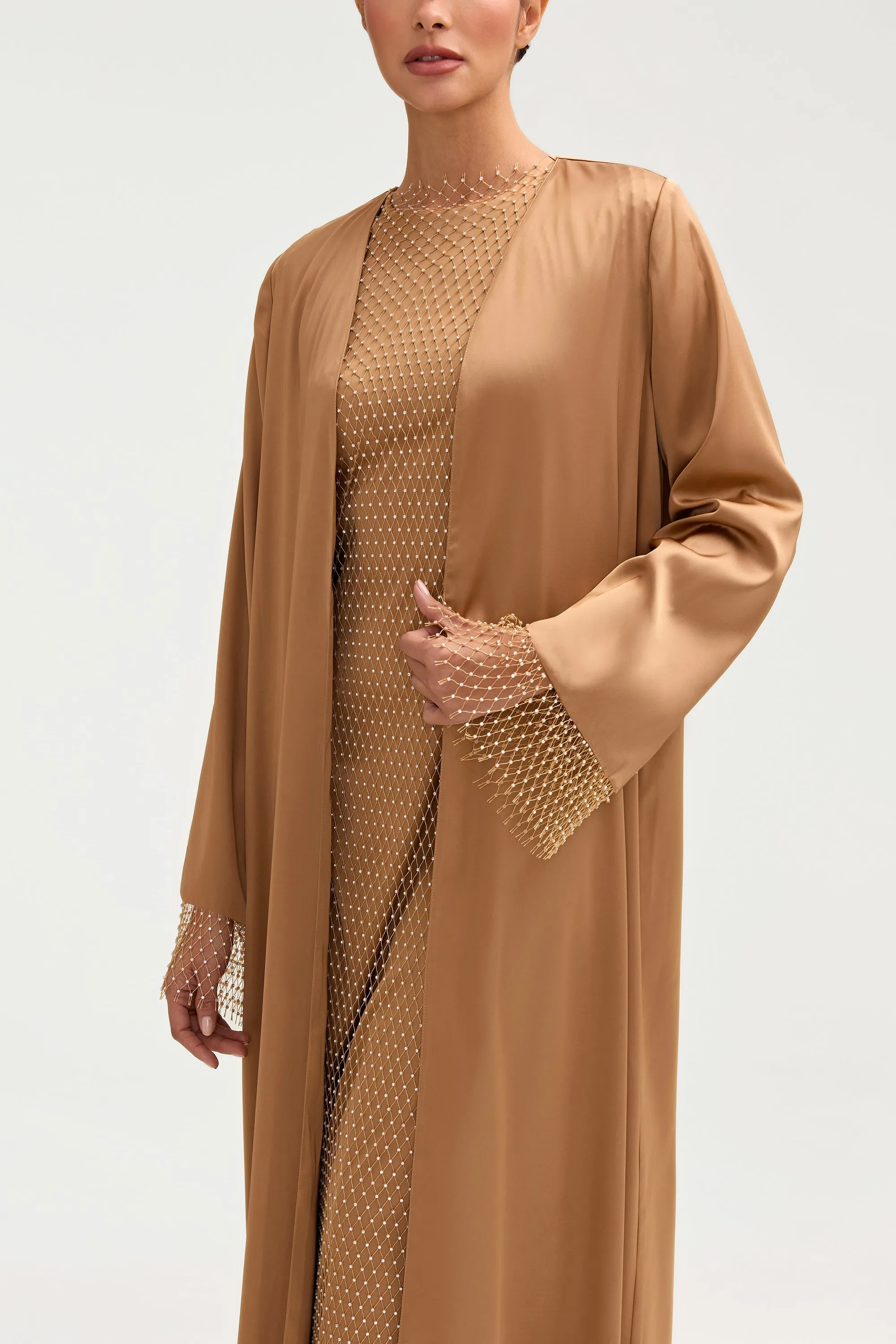Lyana Crystal Satin Abaya - Champagne