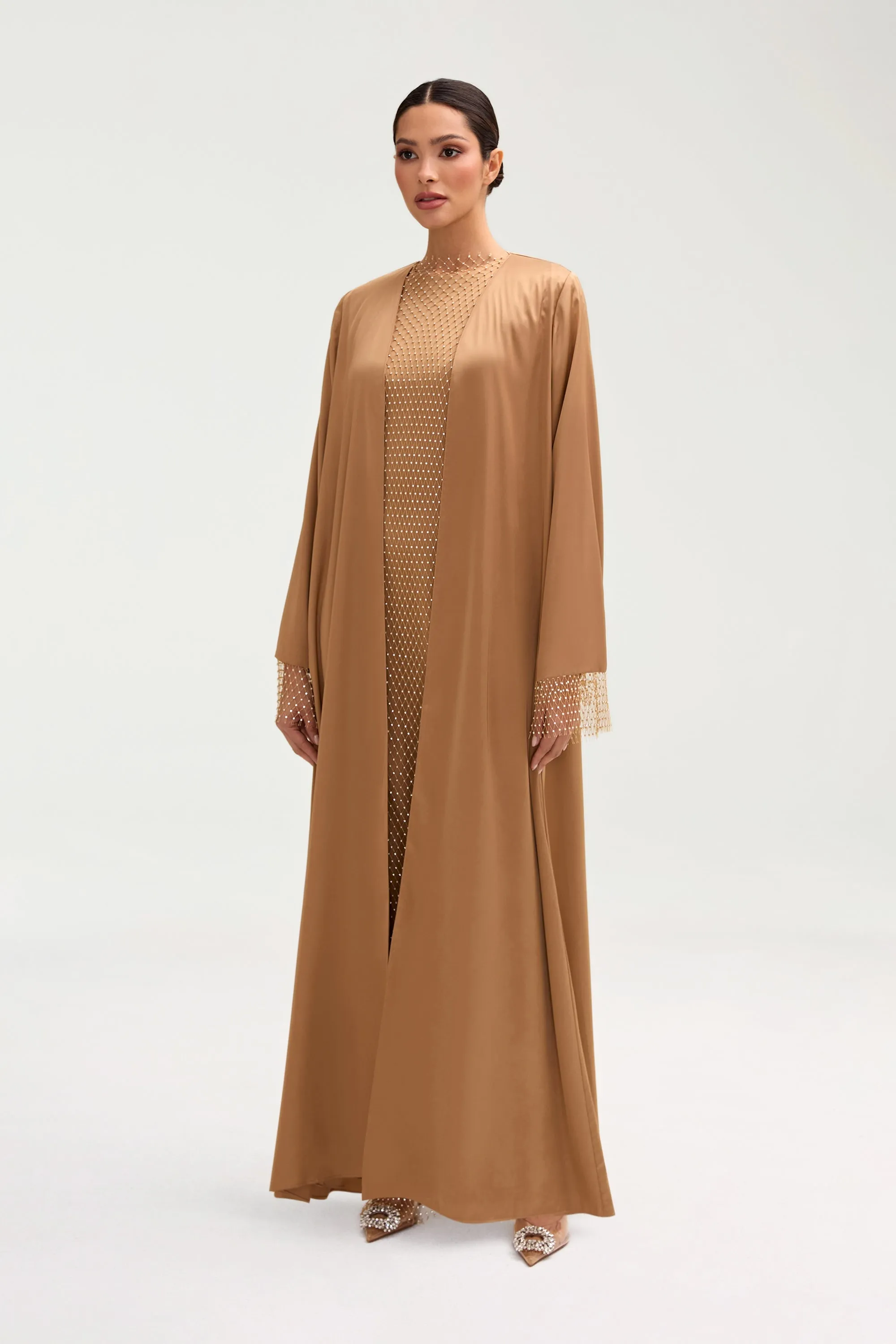 Lyana Crystal Satin Abaya - Champagne